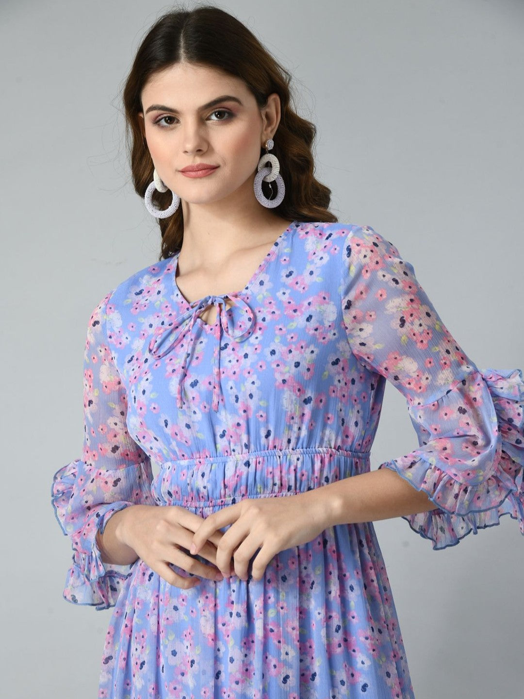 Women Floral Printed Bell Sleeve Fit & Flare Dress