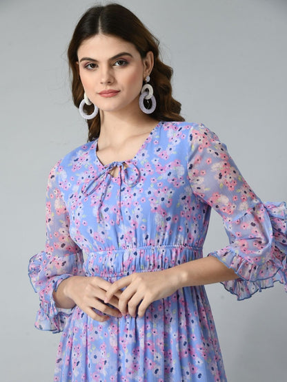 Women Floral Printed Bell Sleeve Fit & Flare Dress