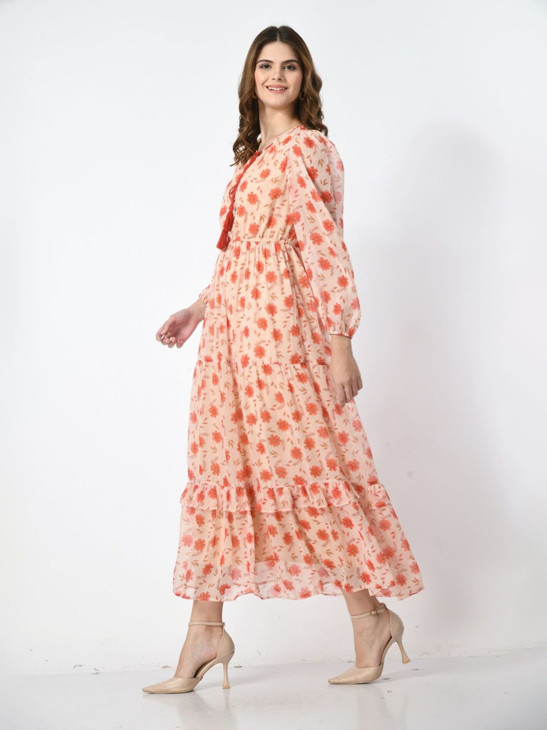 Women Floral Printed Tie-Up Neck Maxi Dress
