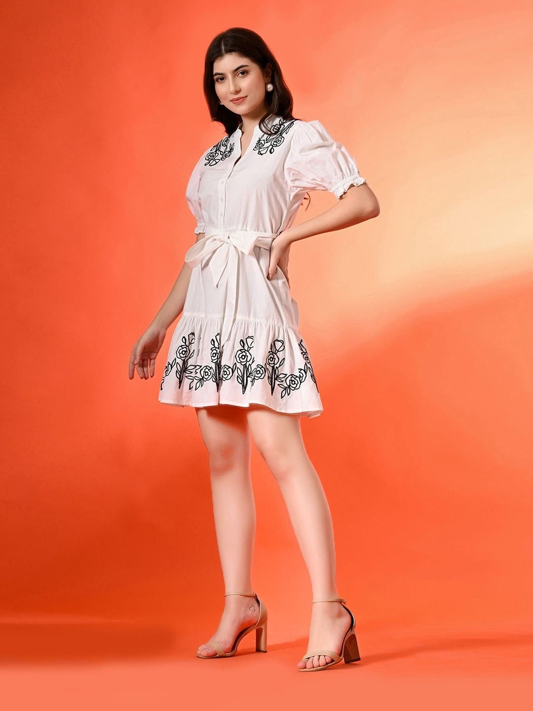 Women Cotton Mandarin Collar Above Knee Shirt Dress