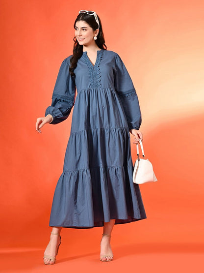 Cotton Lace-Up V-Neck Bishop Sleeves Fit and Flare Tiered Midi Dress