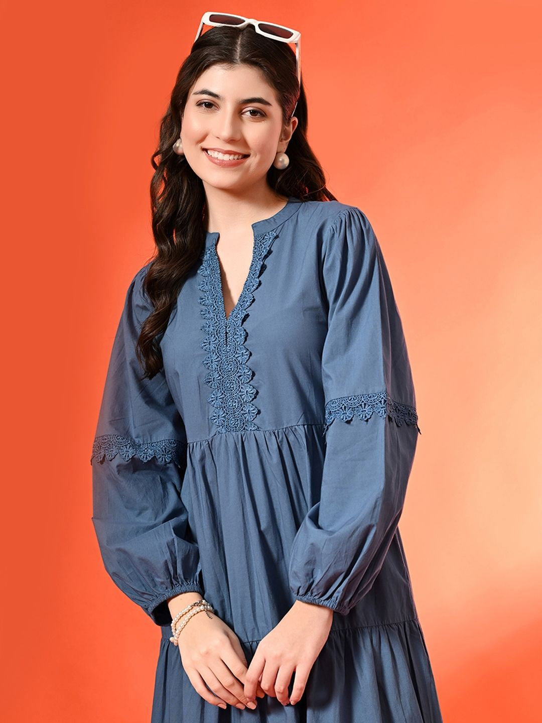 Cotton Lace-Up V-Neck Bishop Sleeves Fit and Flare Tiered Midi Dress