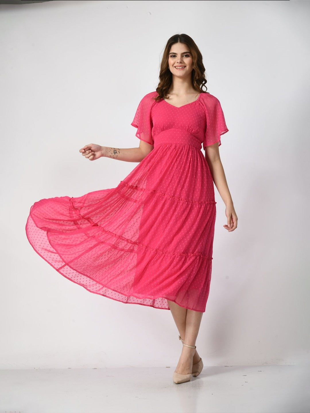 Women Flutter Sleeve Empire Midi Dress