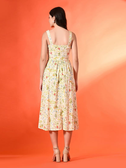 Women Cotton Floral Printed Fit & Flare Midi Dress