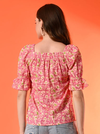 Floral Printed Puff Sleeve Cotton Top