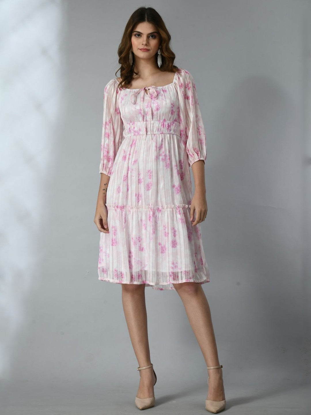 Women Floral Printed Tie-Up Neck A-Line Dress
