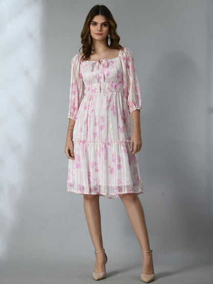 Women Floral Printed Tie-Up Neck A-Line Dress