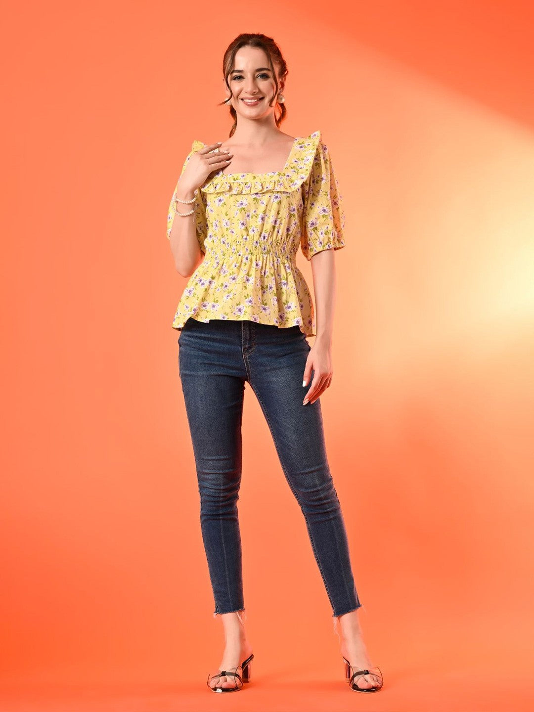 Womens Cotton Ditsy Floral Ruffle Neckline Popline Top