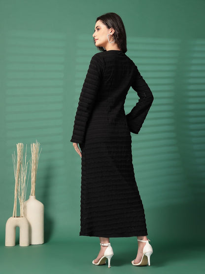 Women Self Design Tie-Up Neck Flared Sleeve Sheath Midi Dress