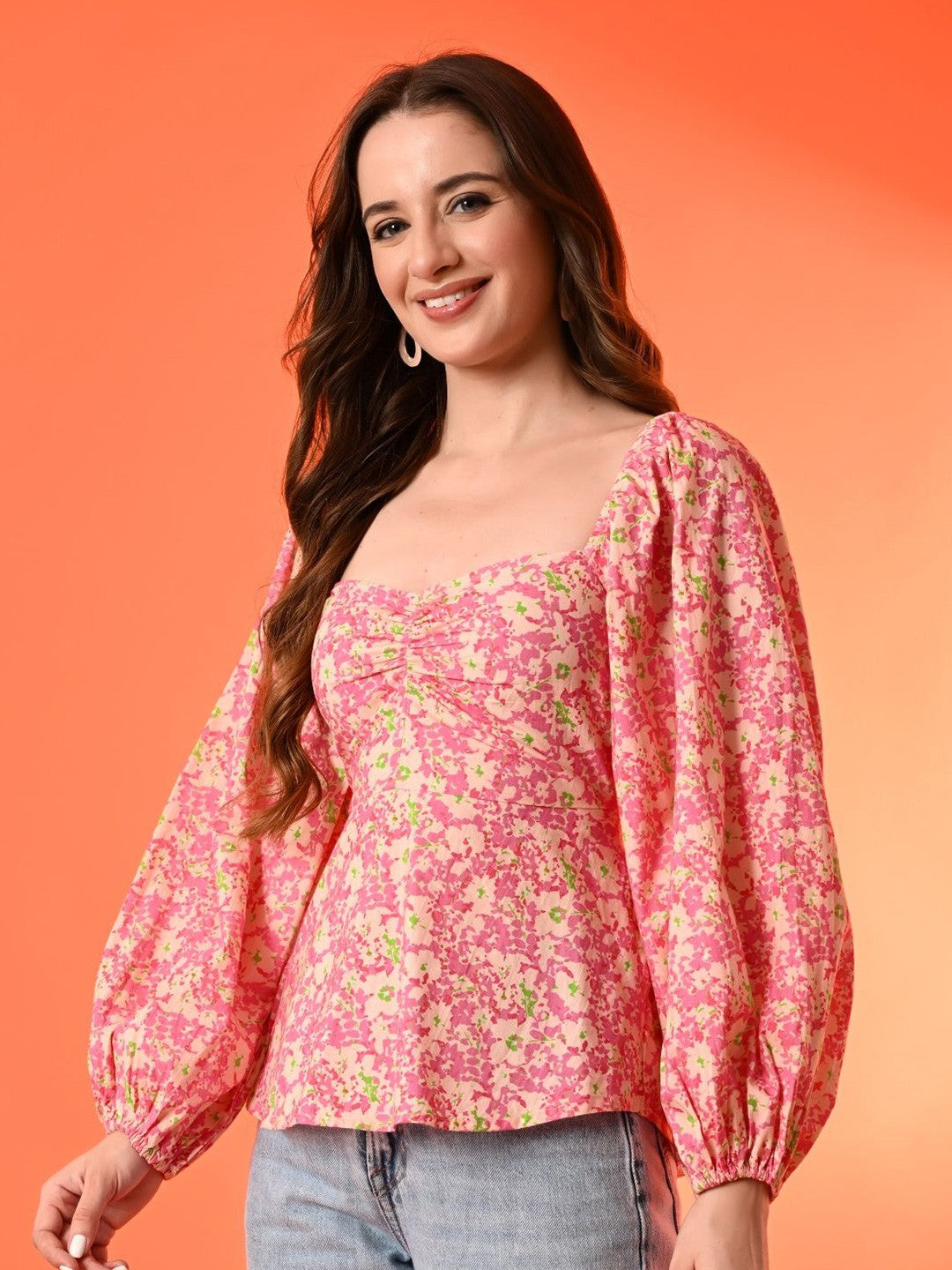 Women Floral Printed Cotton Sweetheart Neck Puff Long Sleeve Empire Top