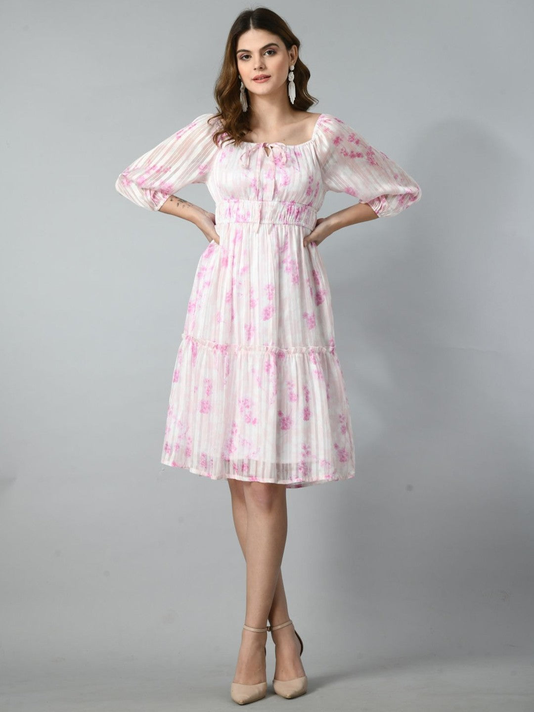 Women Floral Printed Tie-Up Neck A-Line Dress
