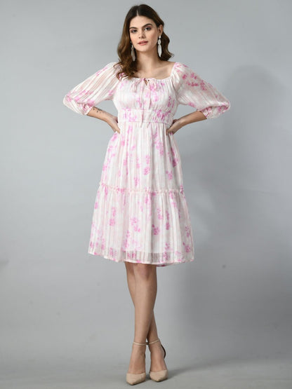 Women Floral Printed Tie-Up Neck A-Line Dress