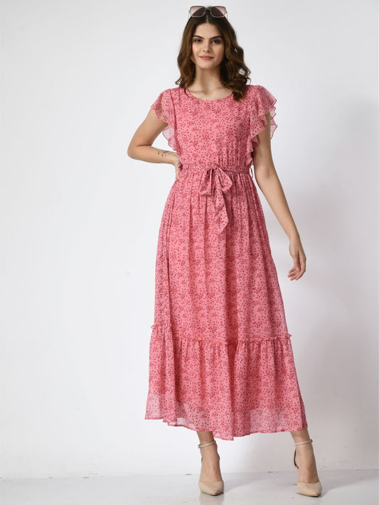 Women Flutter Sleeve Fit & Flare Midi Dress