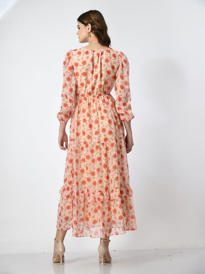 Women Floral Printed Tie-Up Neck Maxi Dress